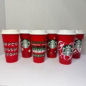 Starbucks Reusable Red Holiday Cups Set of 6 Christmas Festive Designs 16oz Lids